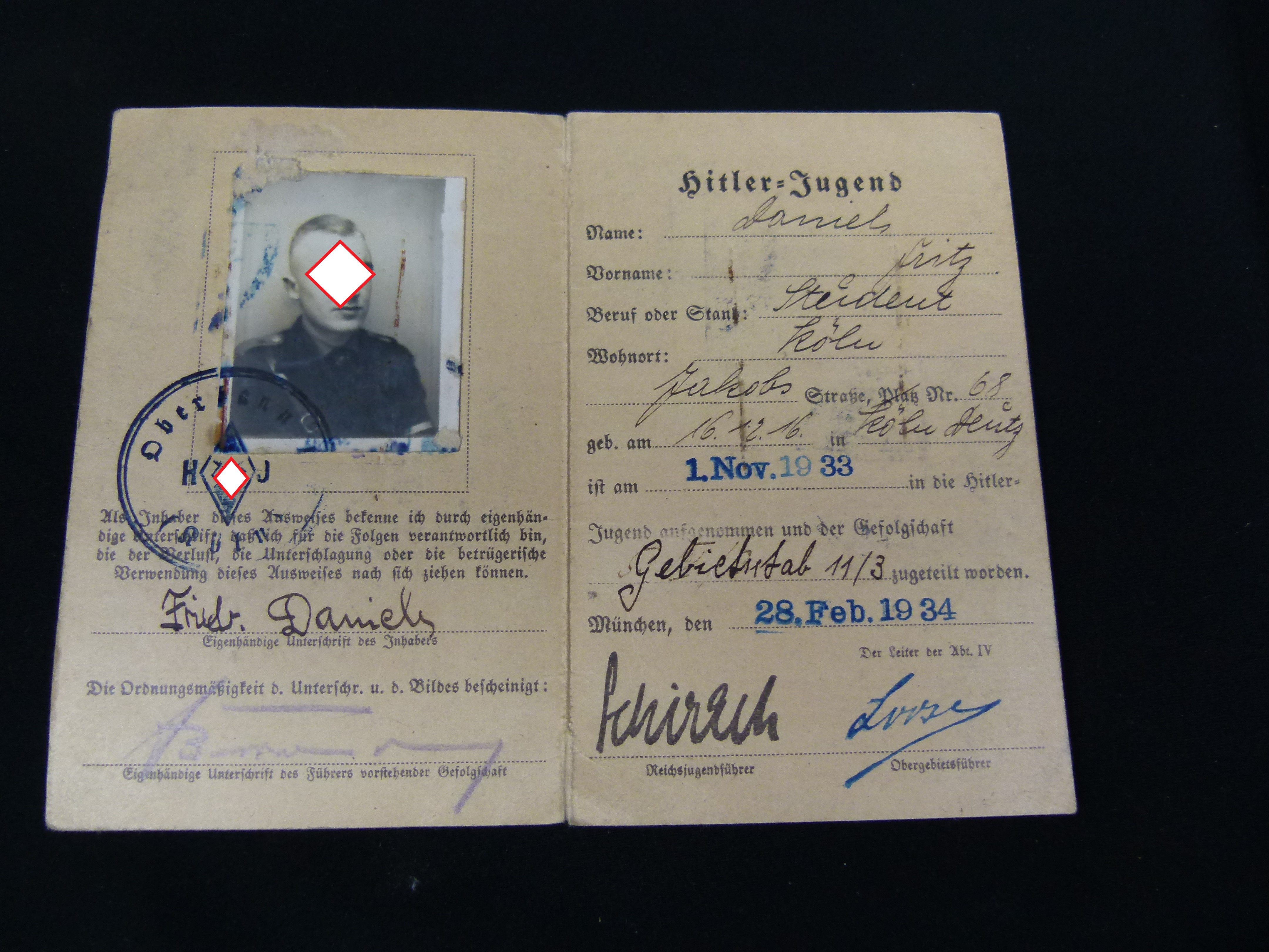 Mitgliedsausweis HJ Koeln November 1933