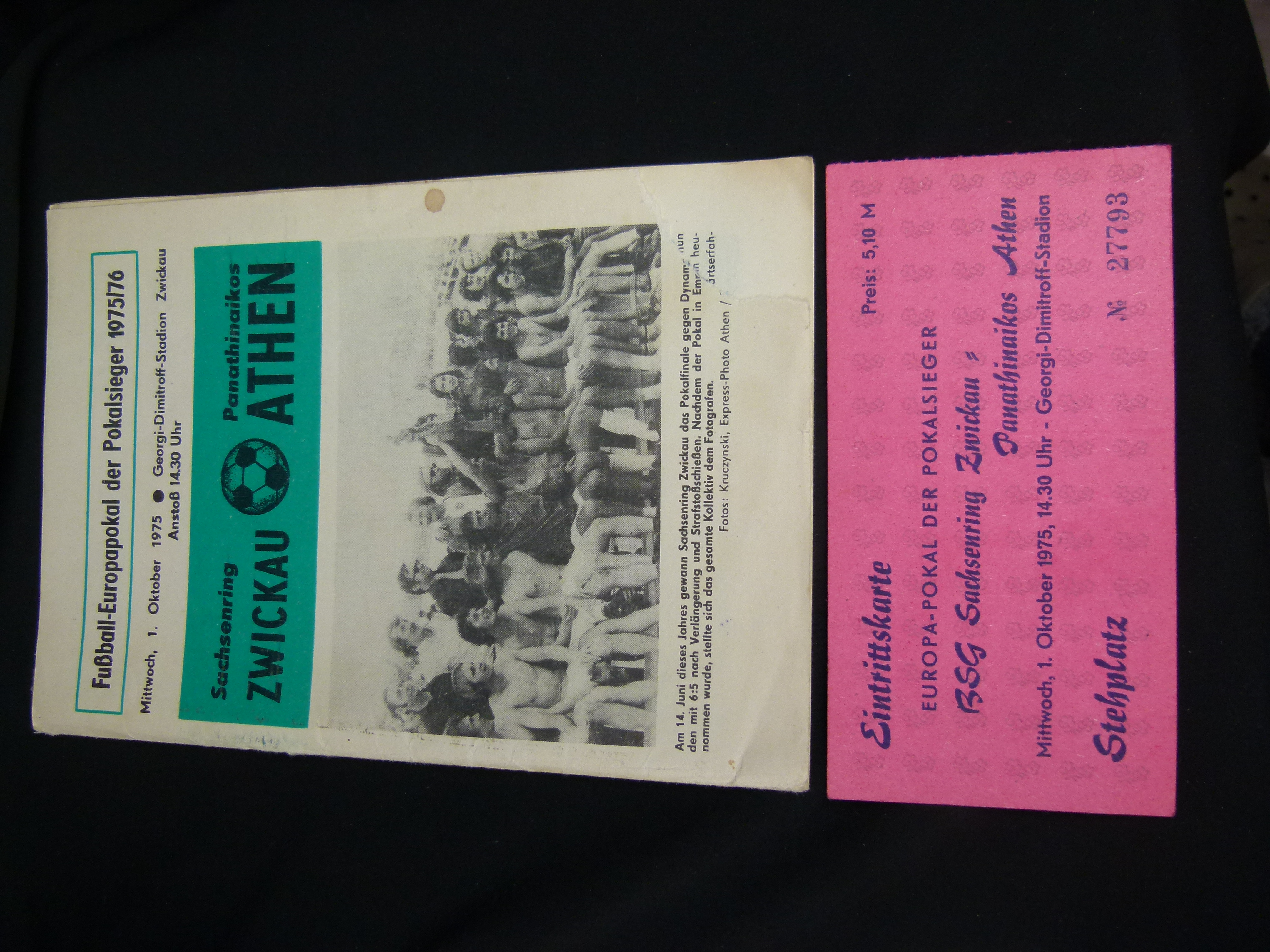 Spielheft & Karte Zwickau Athena 1975 Europapokal