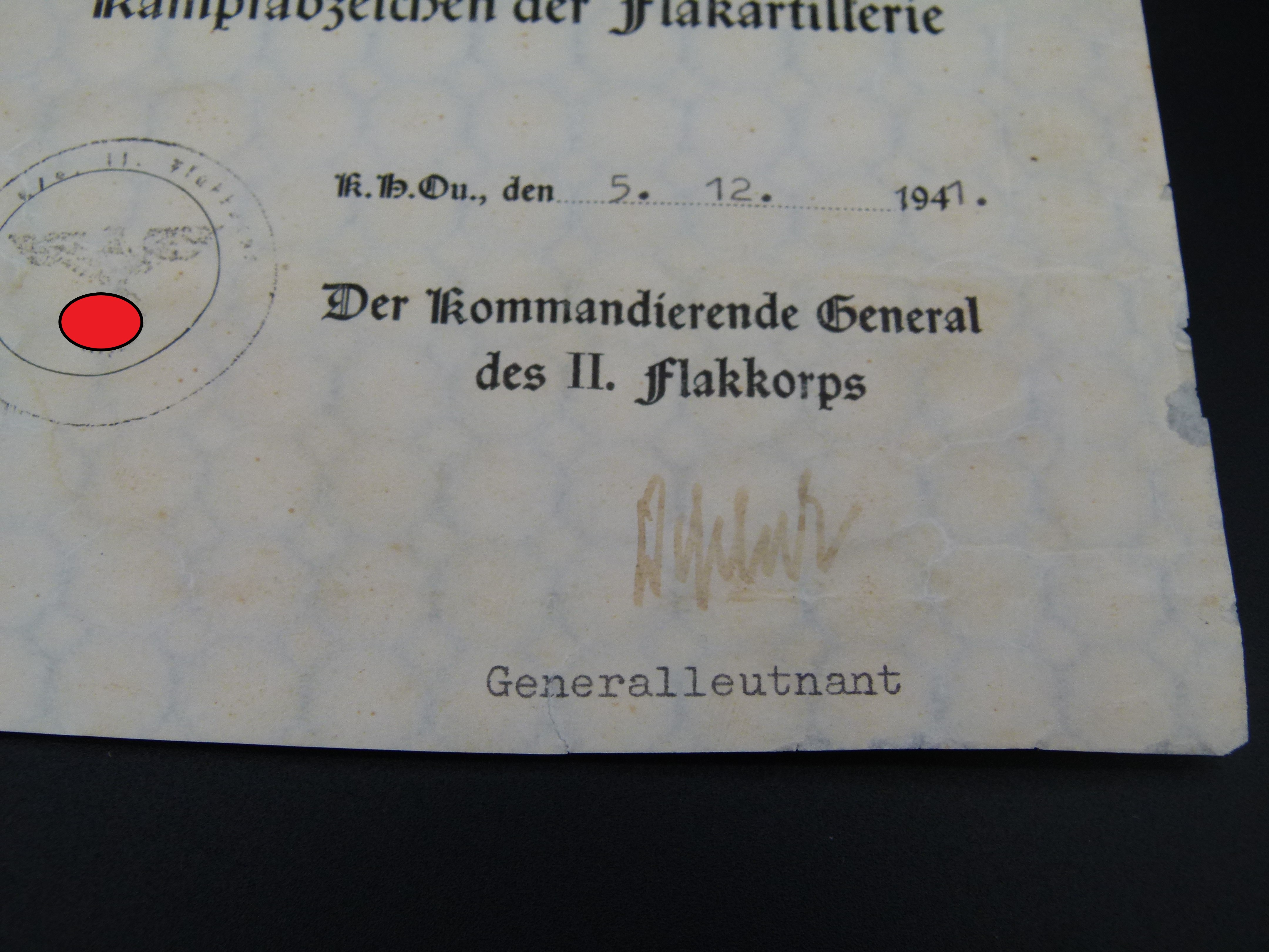 Urkunde Flakabzeichen Luftwaffe OU Gen. Deßloch 