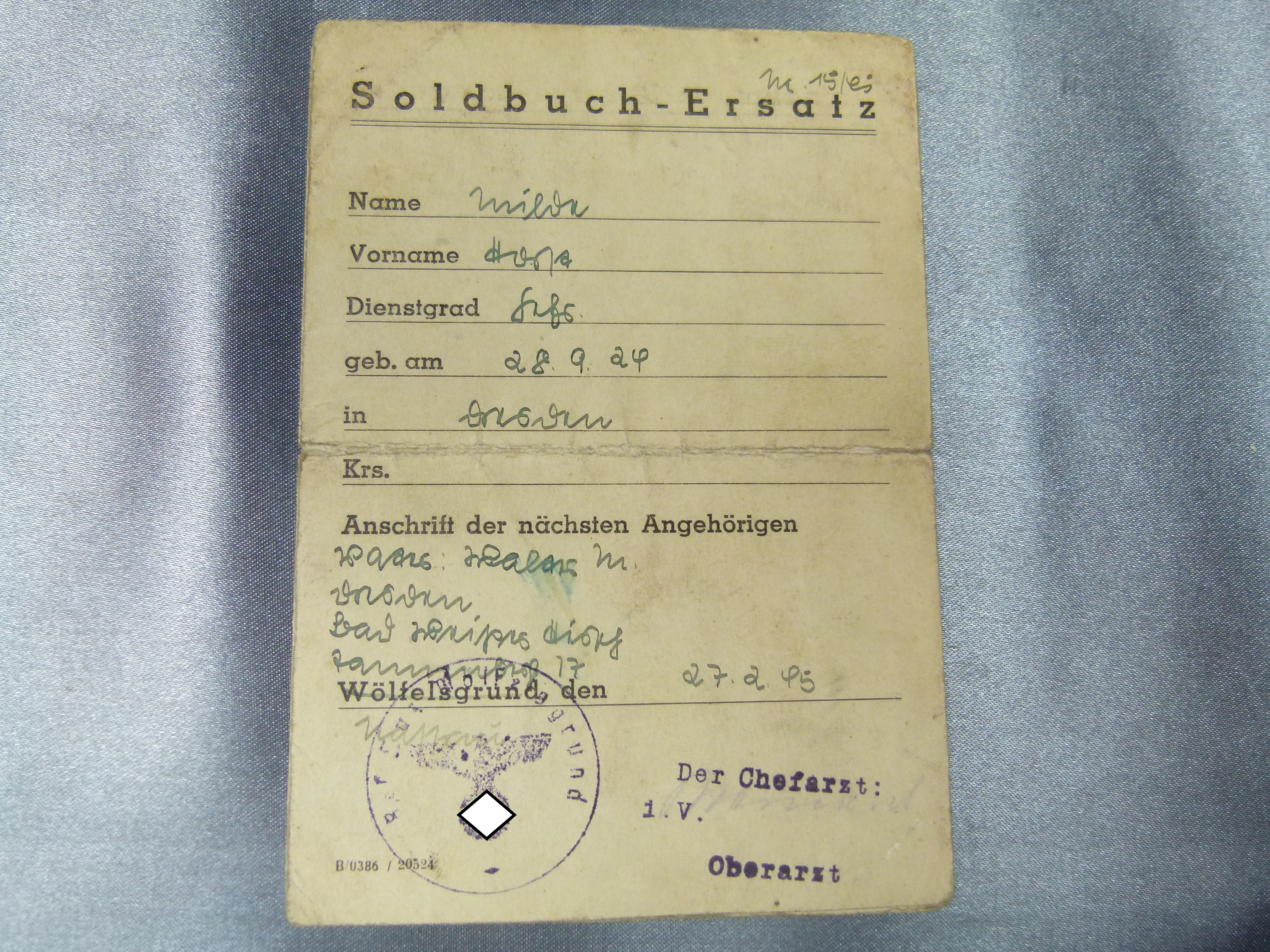 Soldbuch Ersatz Spätkrieg 1945 VWA schwarz EK2