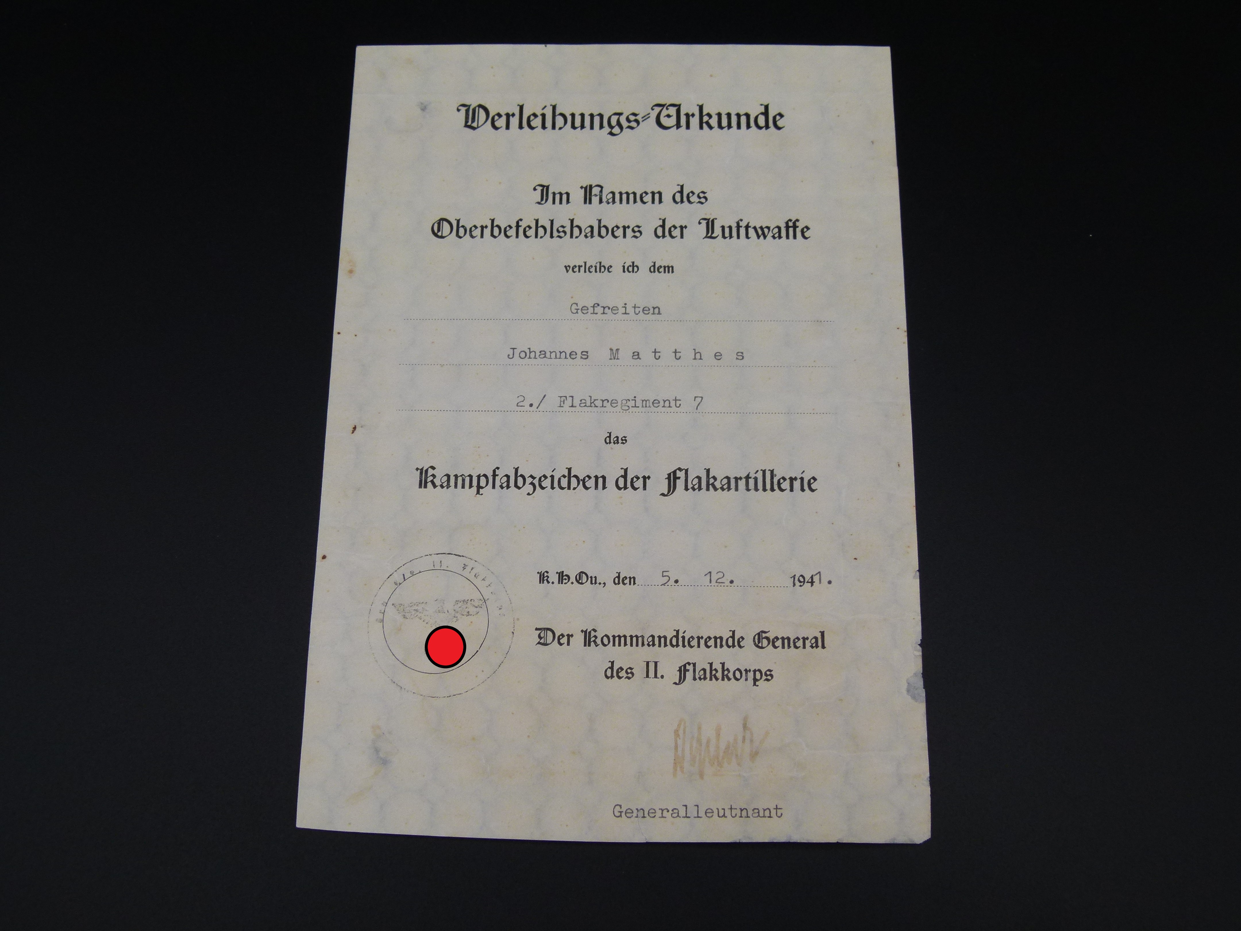 Urkunde Flakabzeichen Luftwaffe OU Gen. Deßloch 