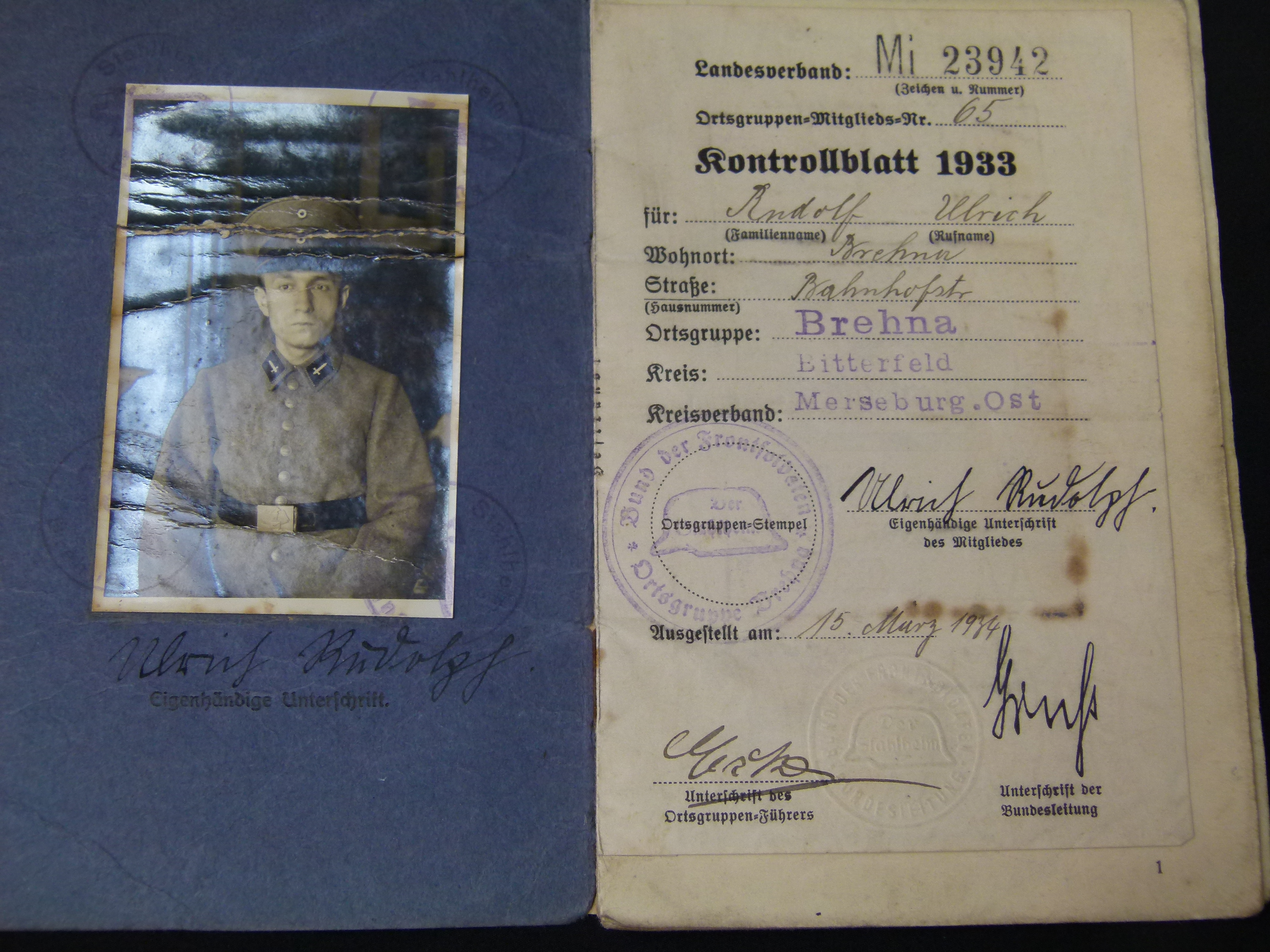 Mitgliedsbuch Stahlhelmbund Brehna rare Einträge 