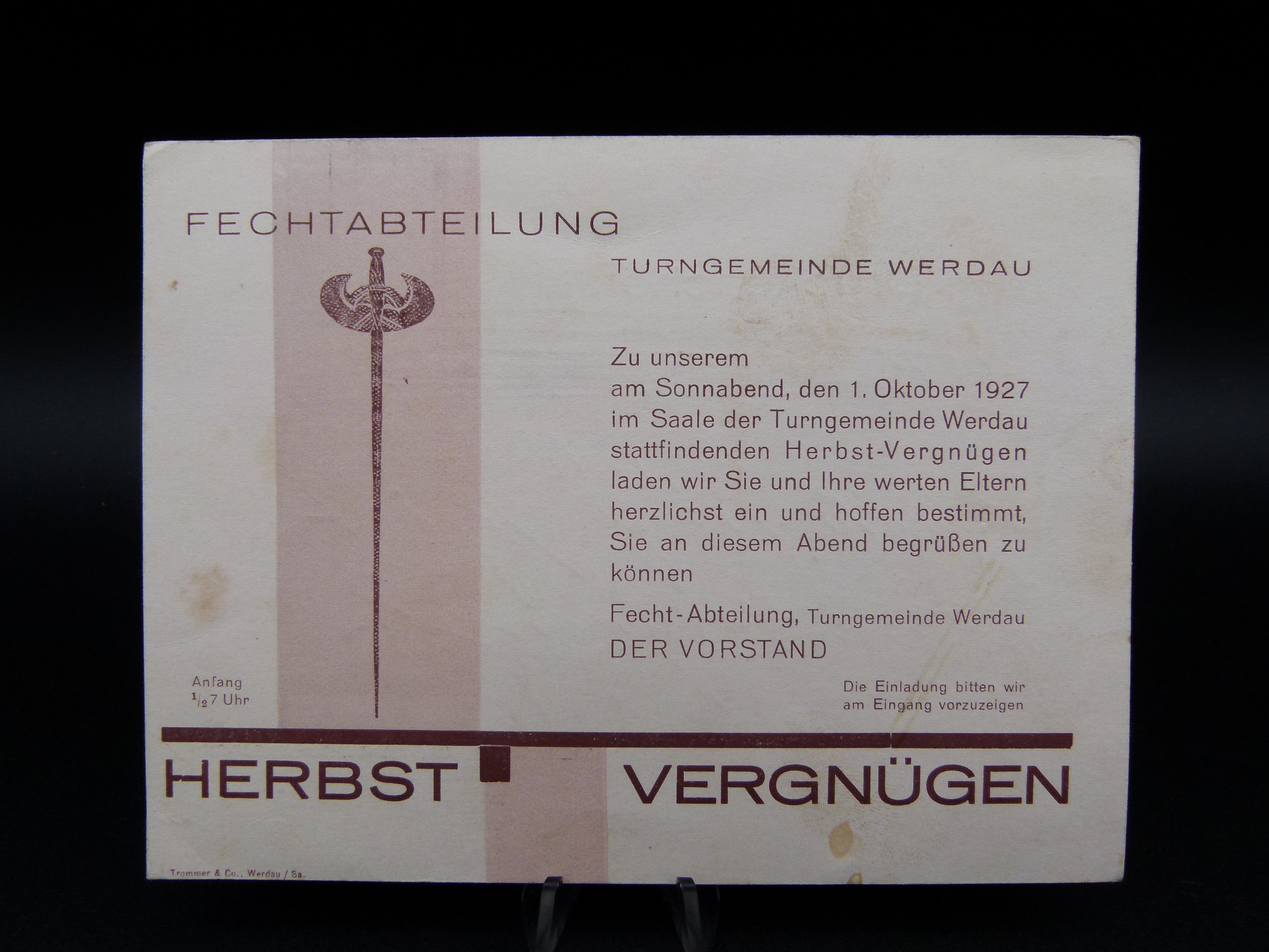 Fechtabteilung Turngemeinde Werdau 1927 Einladung
