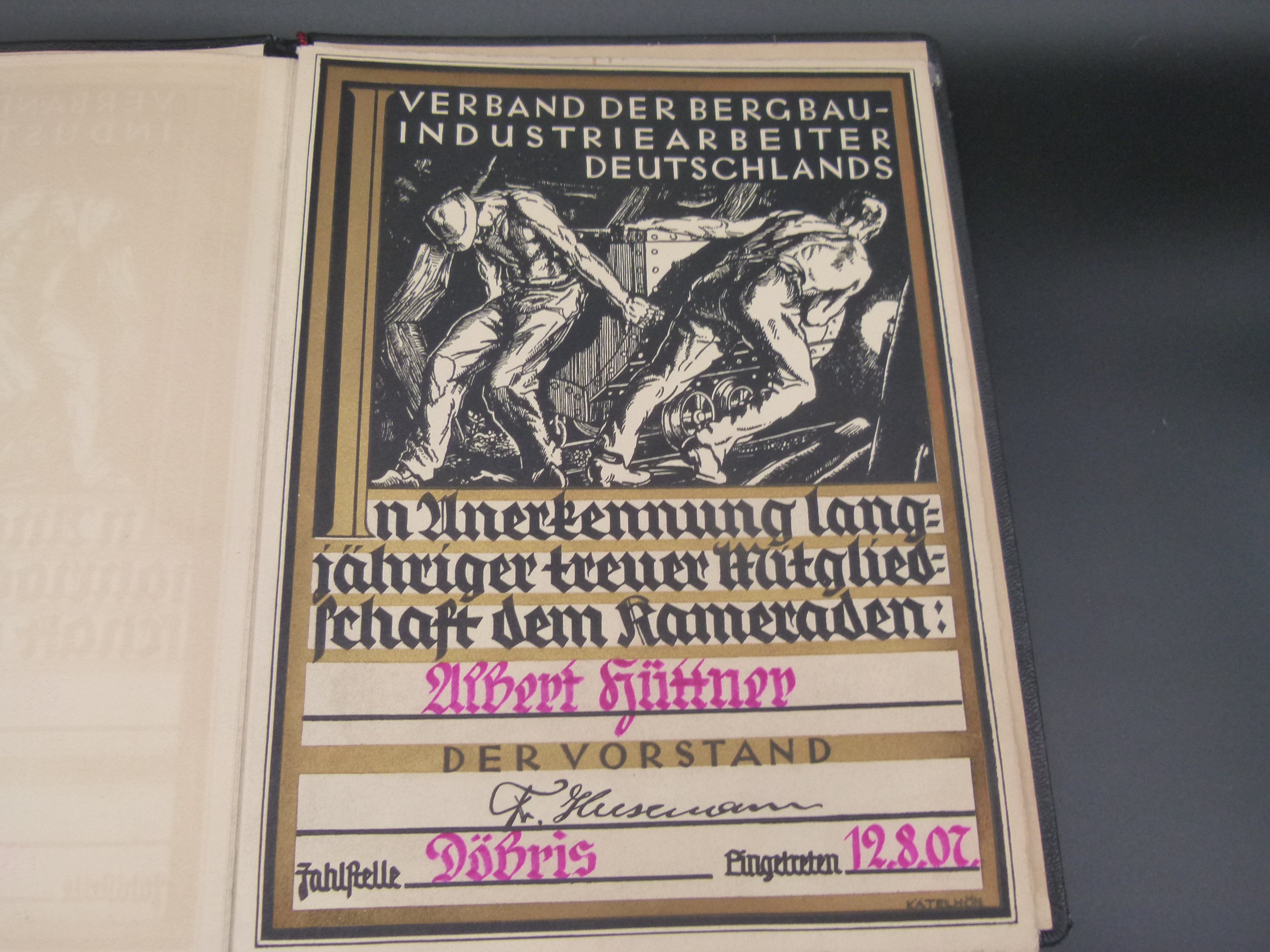 Urkunde Verband der Bergbau Industriearbeiter 1907