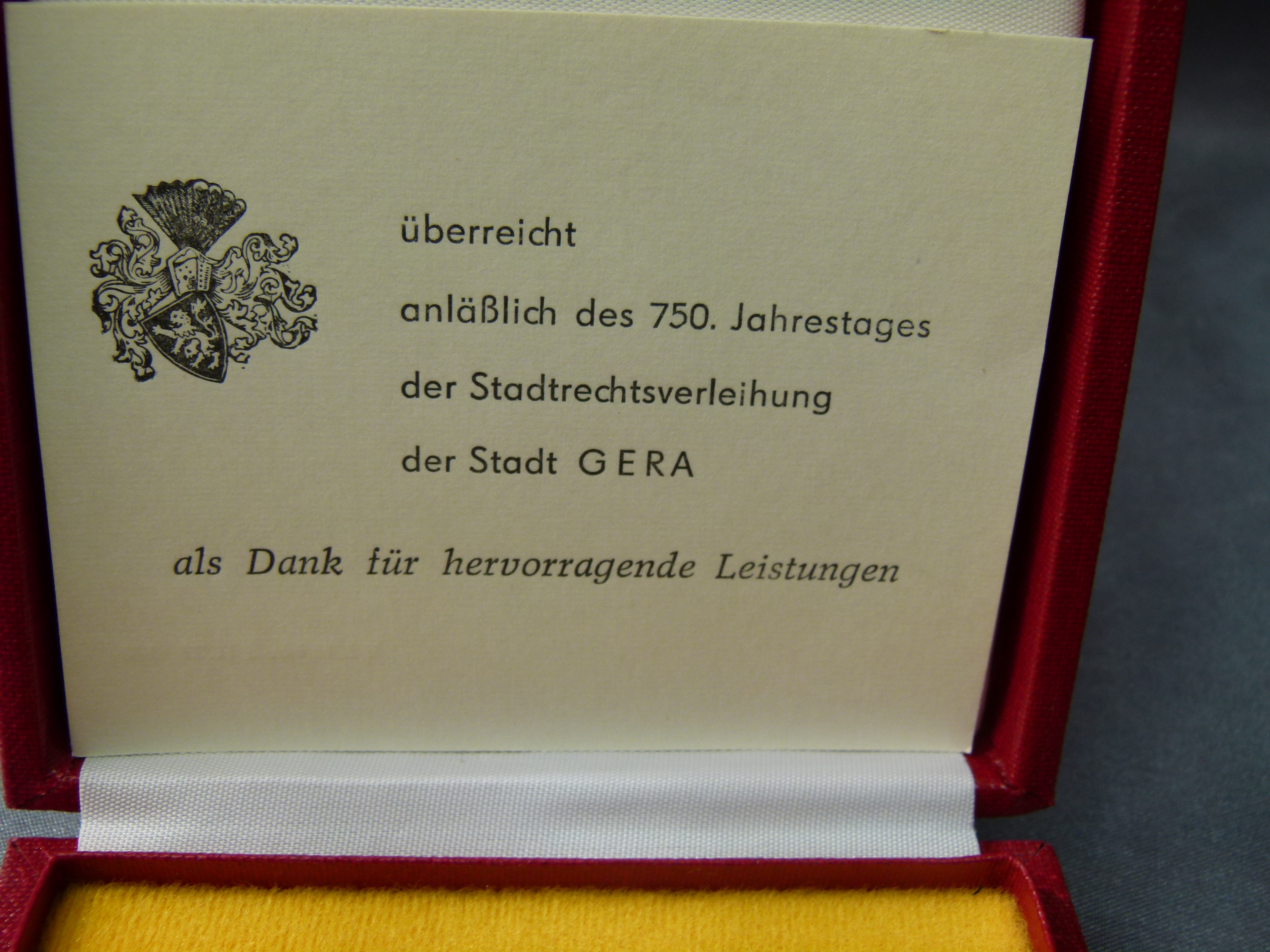 Ehrengeschenk Medaille 750 Jahre Stadt Gera im Etui 