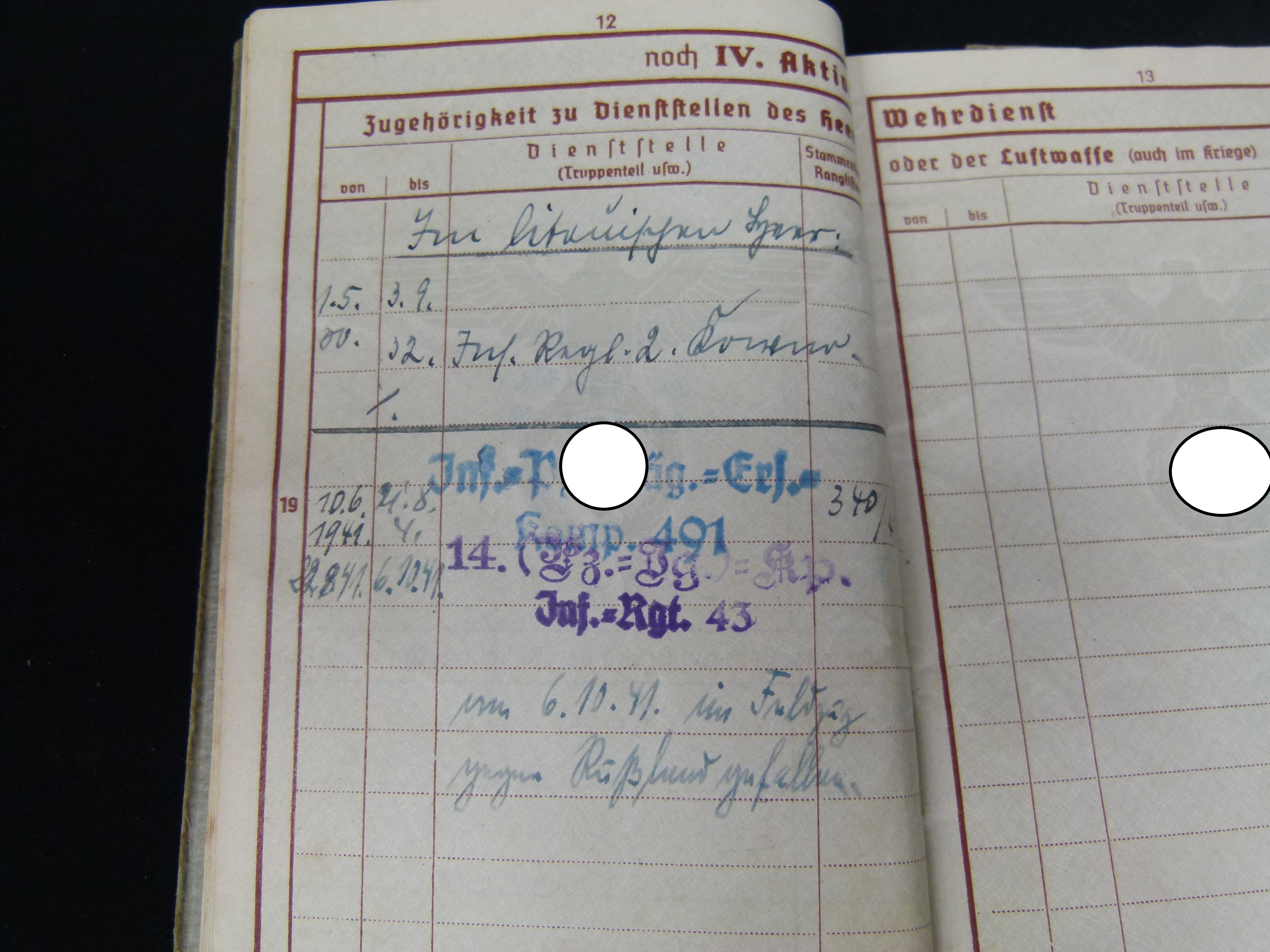 Wehrpaß Inf. Pz.-Jaeg. Ers. Komp. 491Litauer Memel