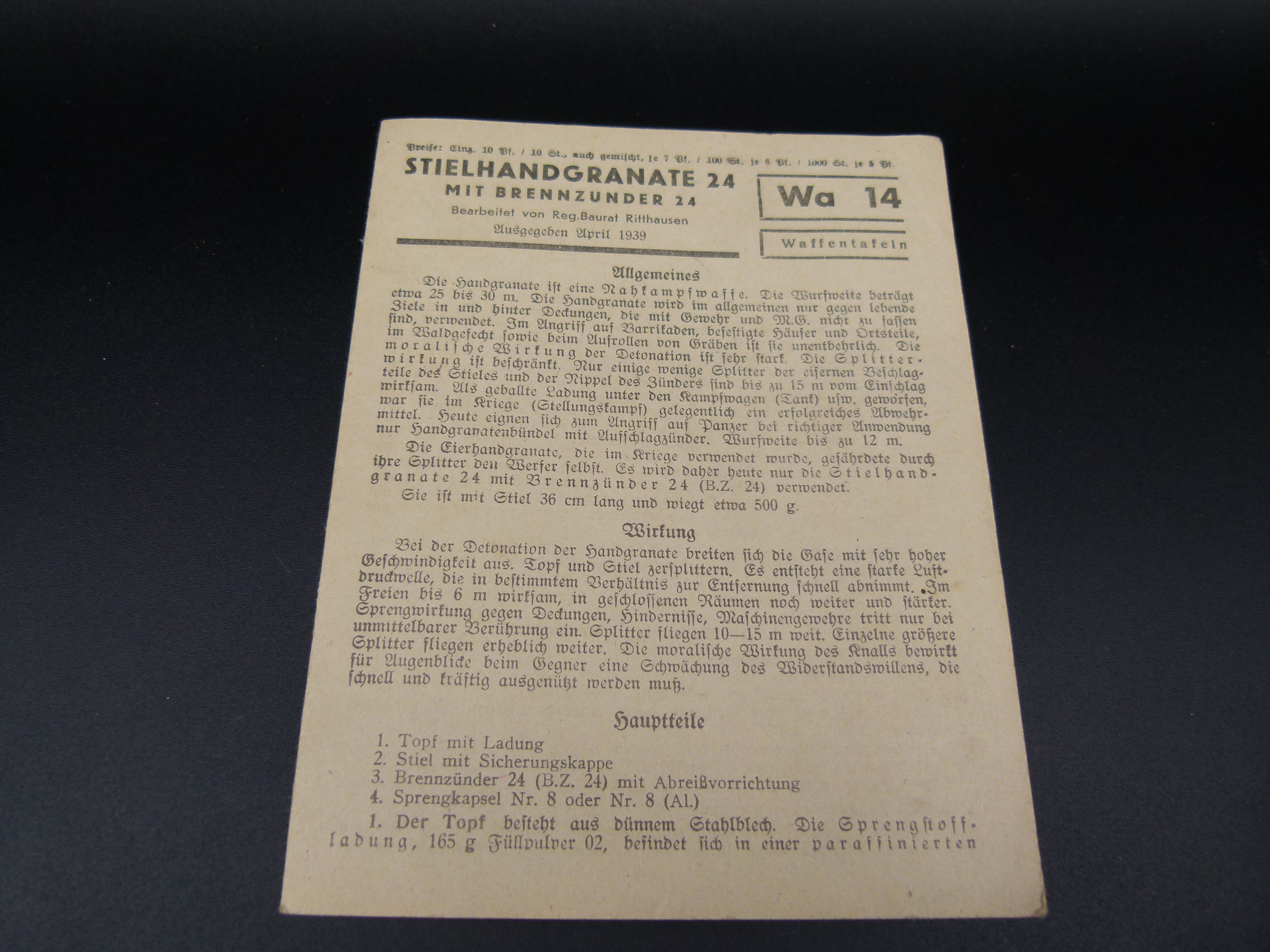 Waffentafel Stielhandgranate 24 mit Brennzuender