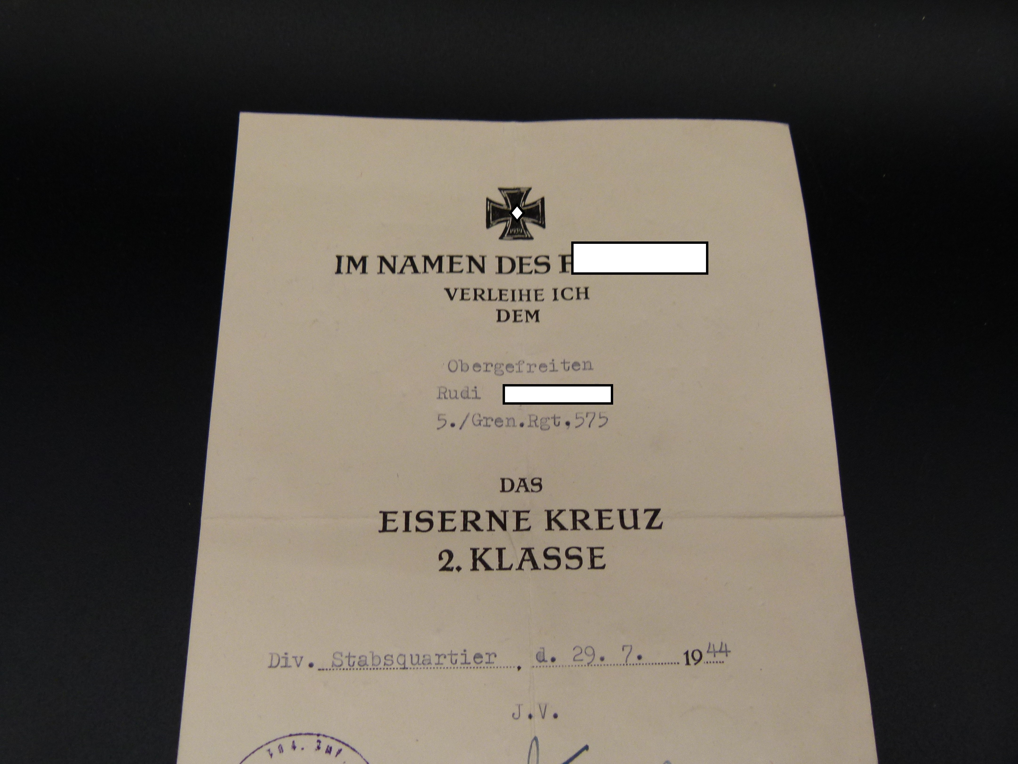 EK2 Set 1939 Urkunde Gren Rgt 575 und EK2 W&H