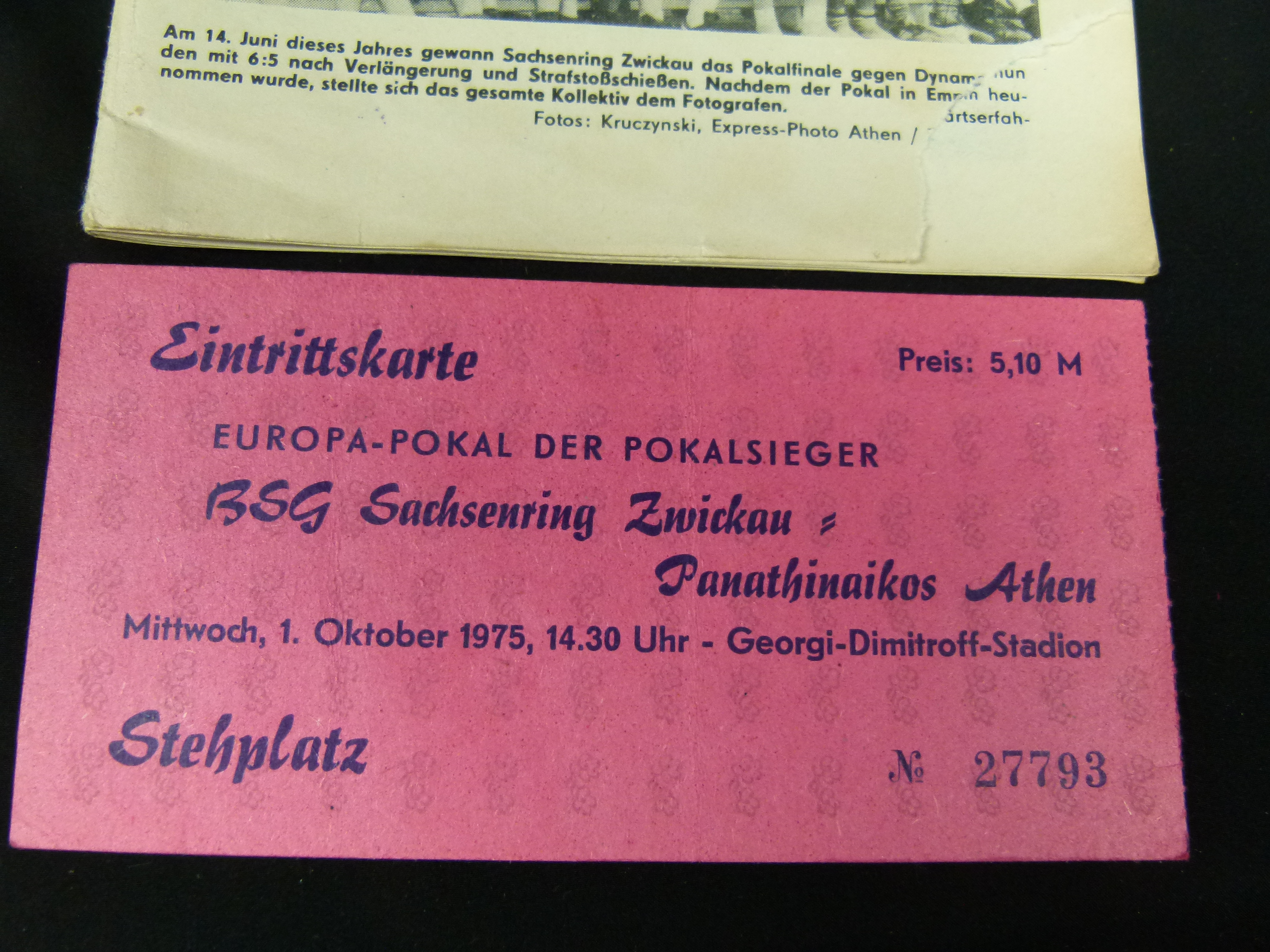 Spielheft & Karte Zwickau Athena 1975 Europapokal