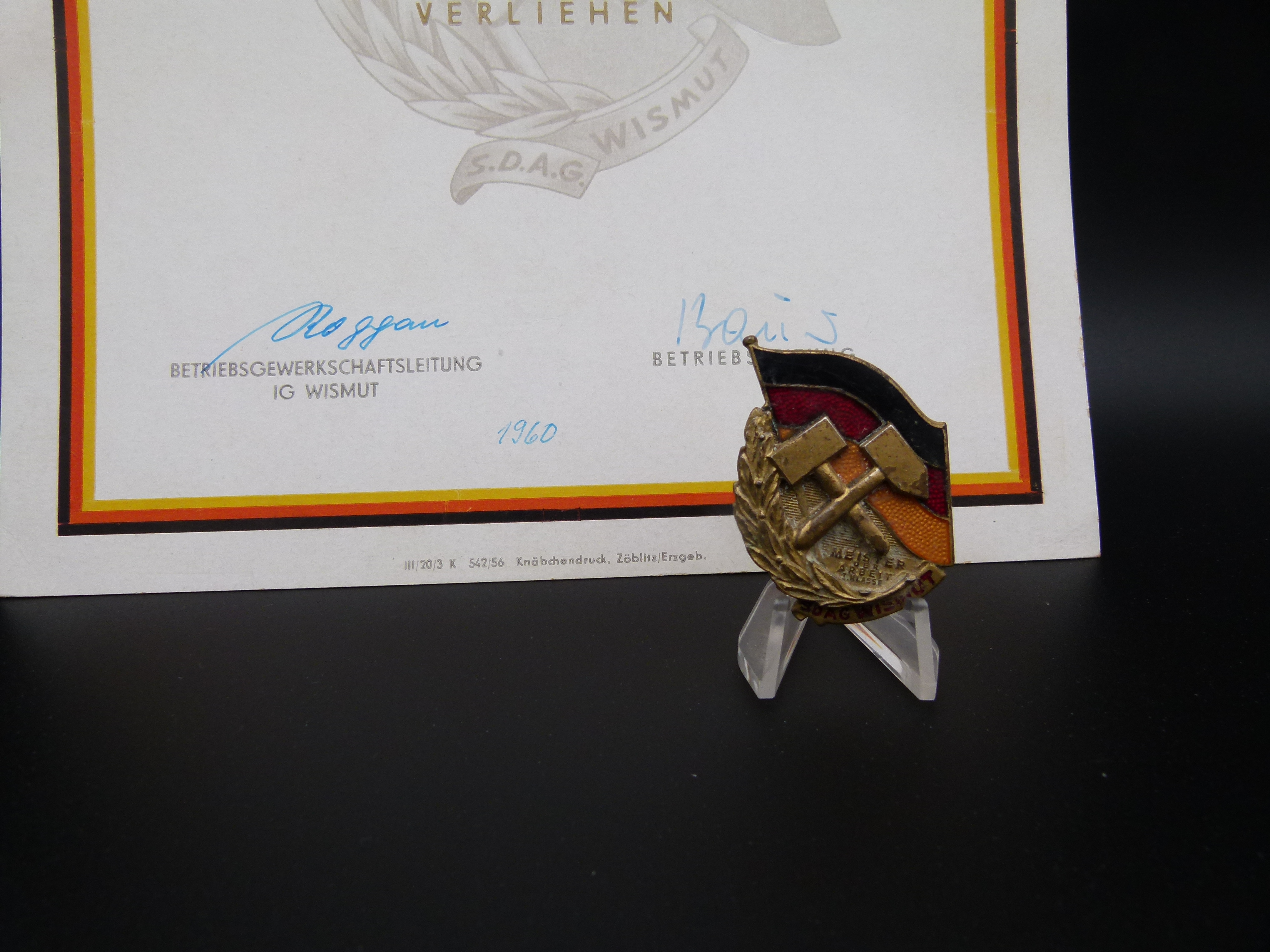 SDAG Wismut Meister der Arbeit mit Urkunde 1960   