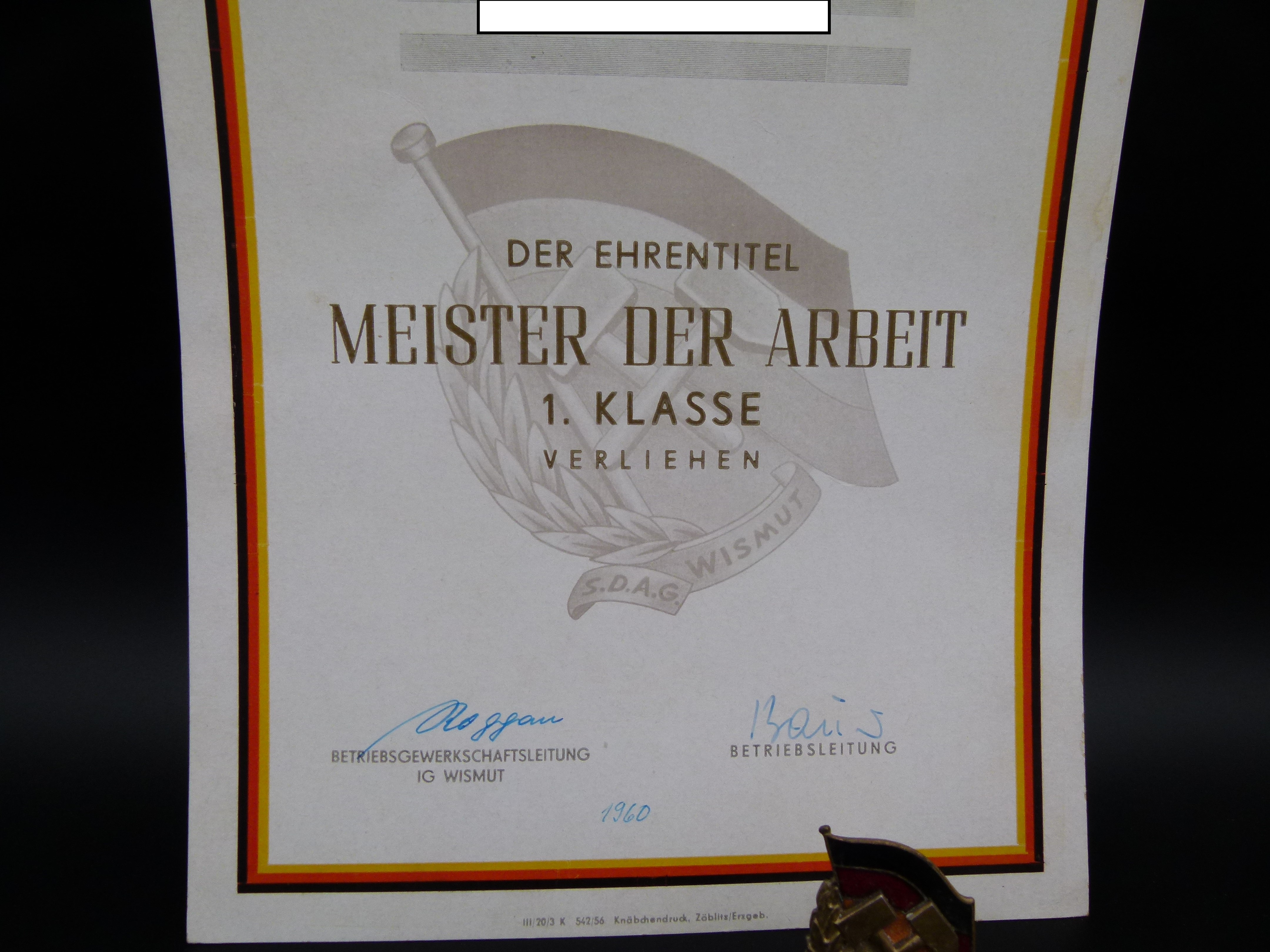 SDAG Wismut Meister der Arbeit mit Urkunde 1960   