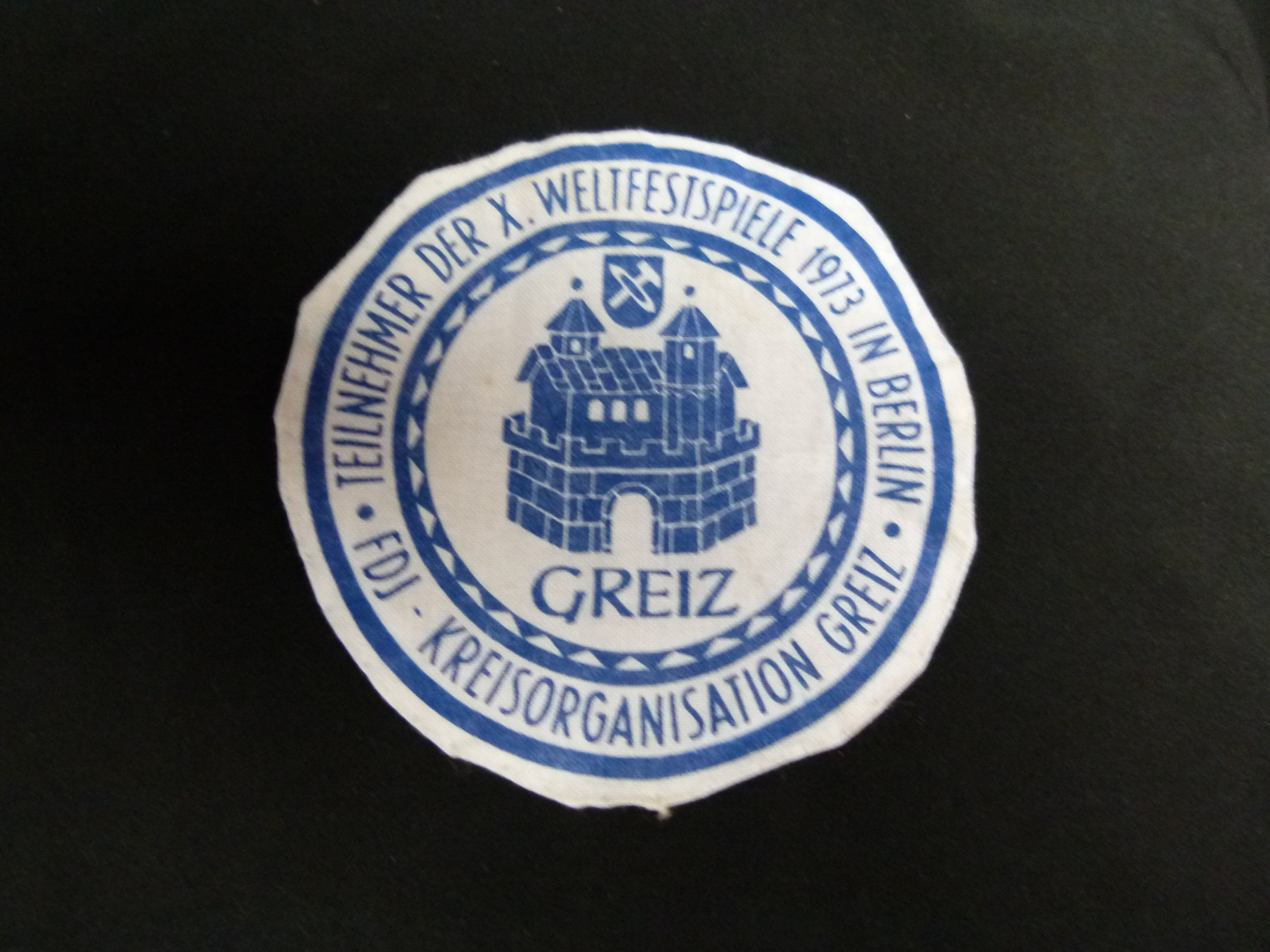 Aufnaeher FDJ Greiz Teilnehmer Weltfestspiele 1973 