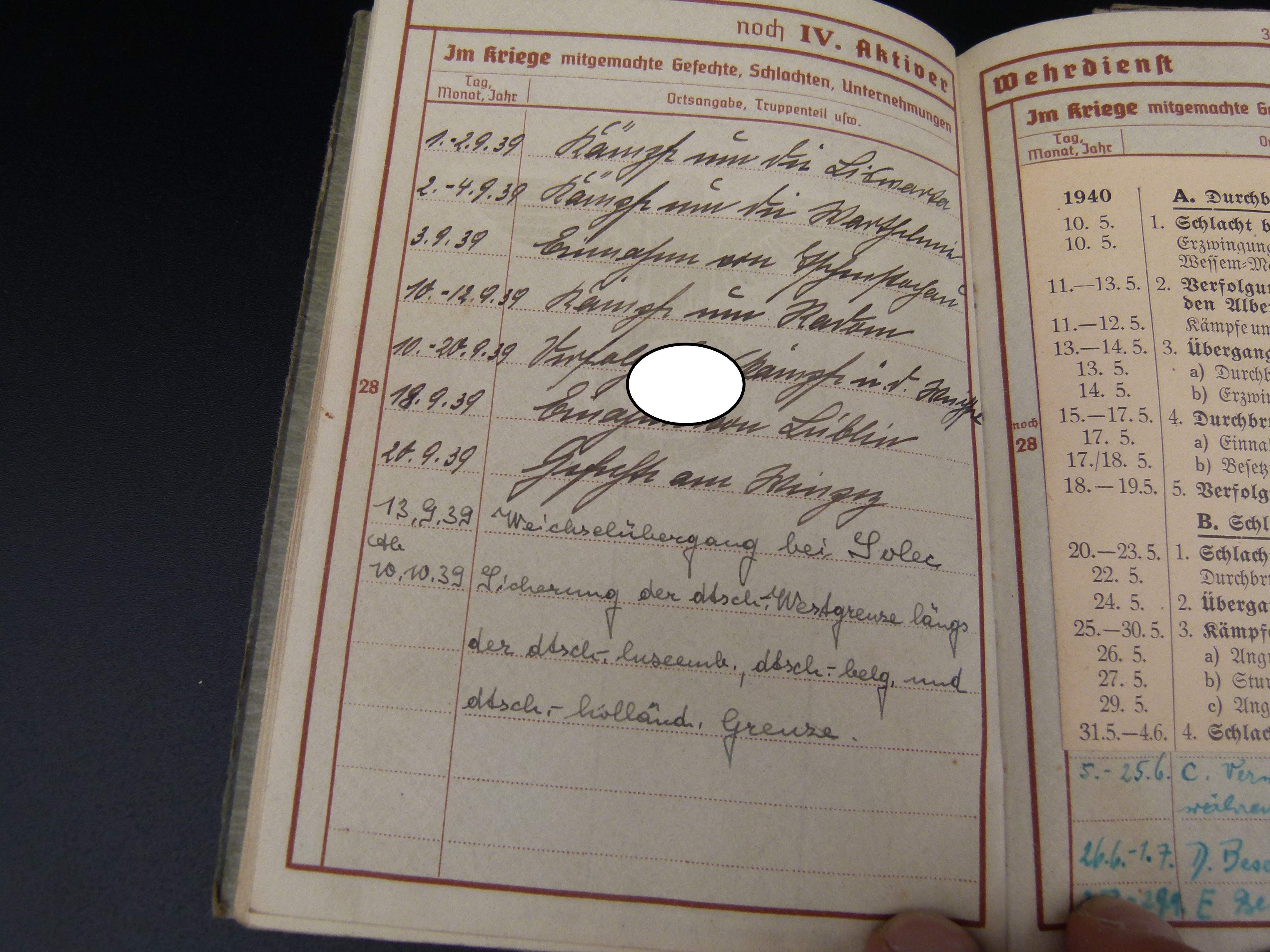 Wehrpaß Infanterie Reg. 11 Polen Frankreich Orden 