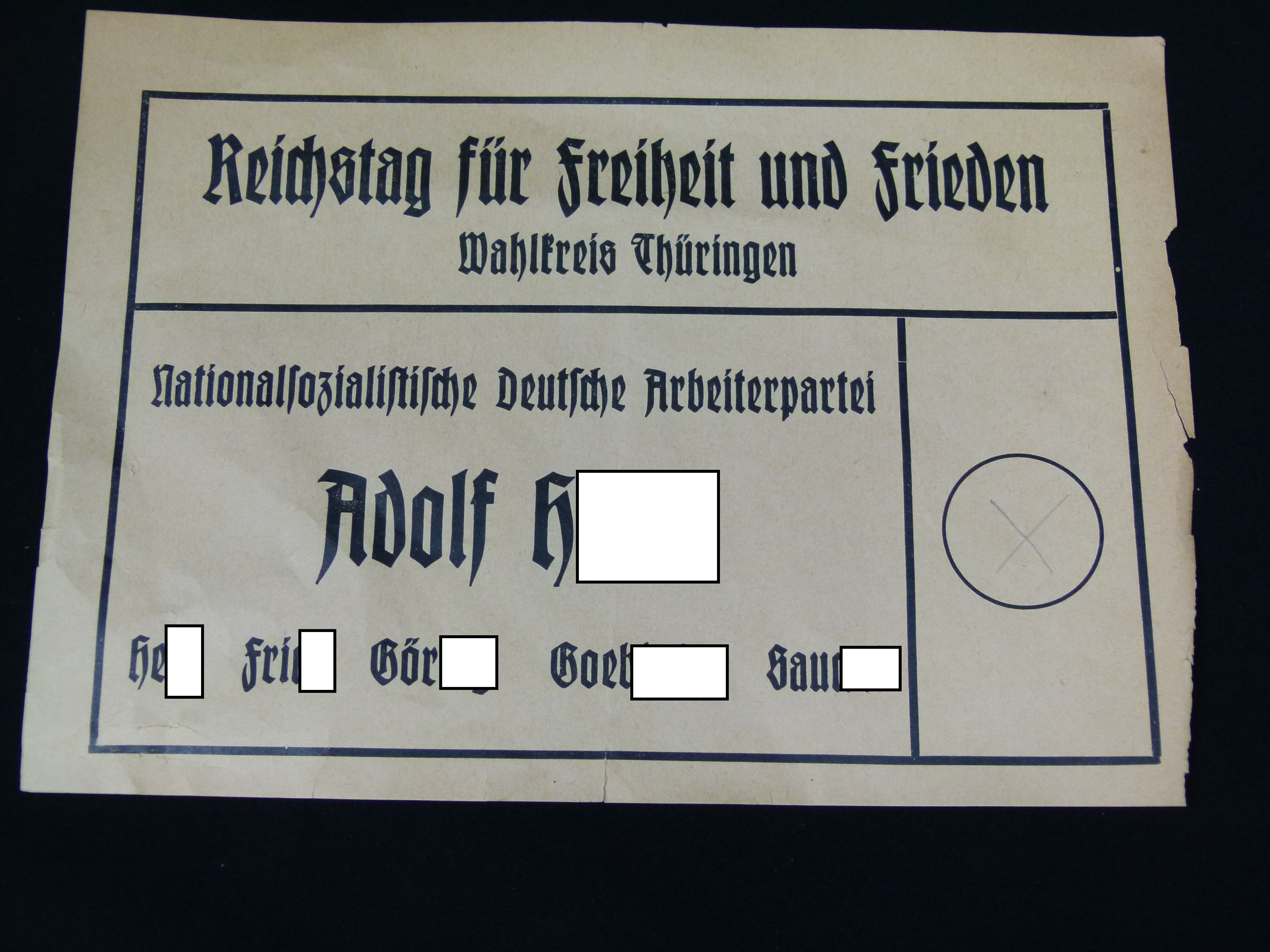 Wahlzettel Reichstagswahl NSDAP Thueringen