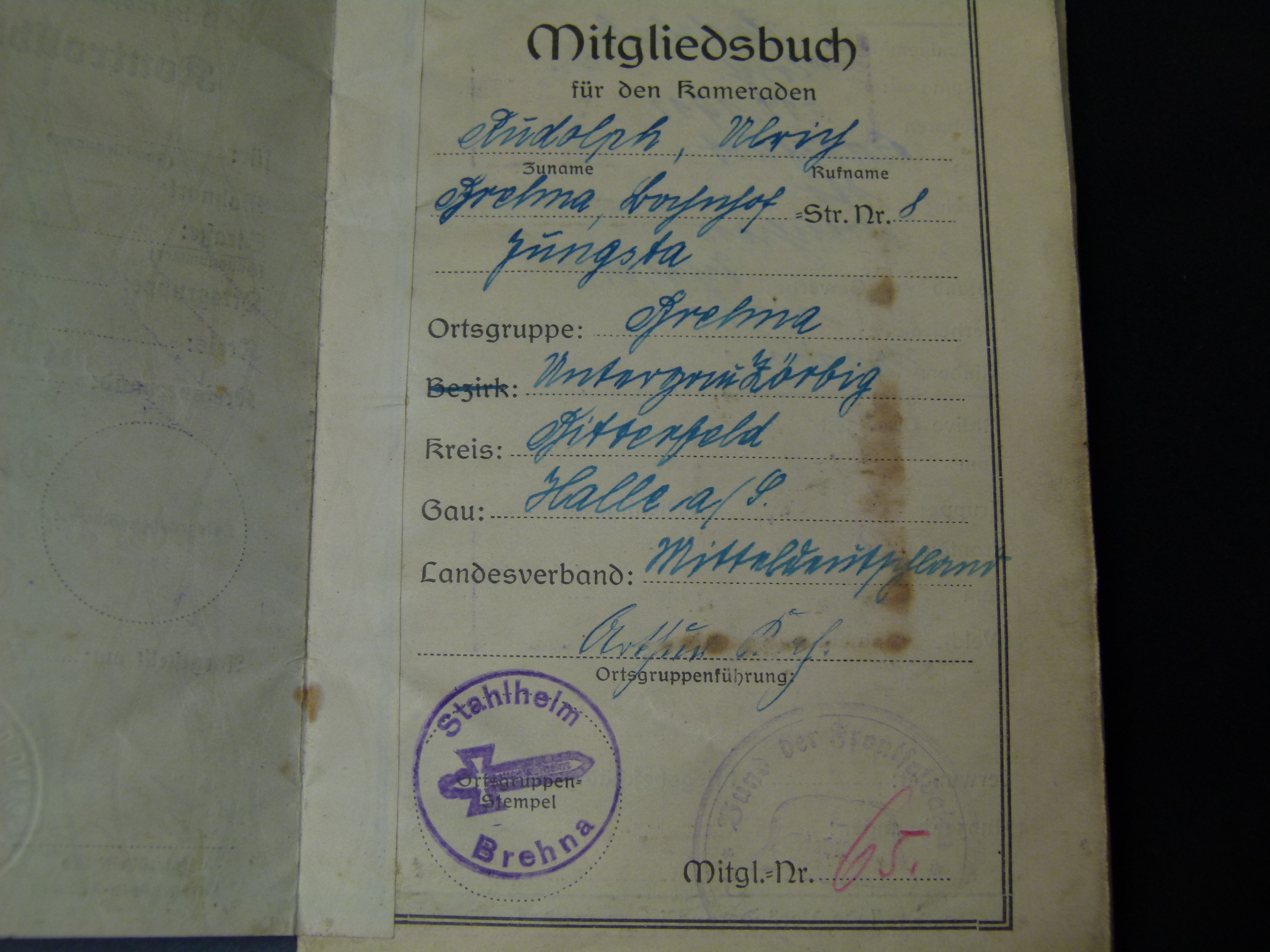 Mitgliedsbuch Stahlhelmbund Brehna rare Einträge 