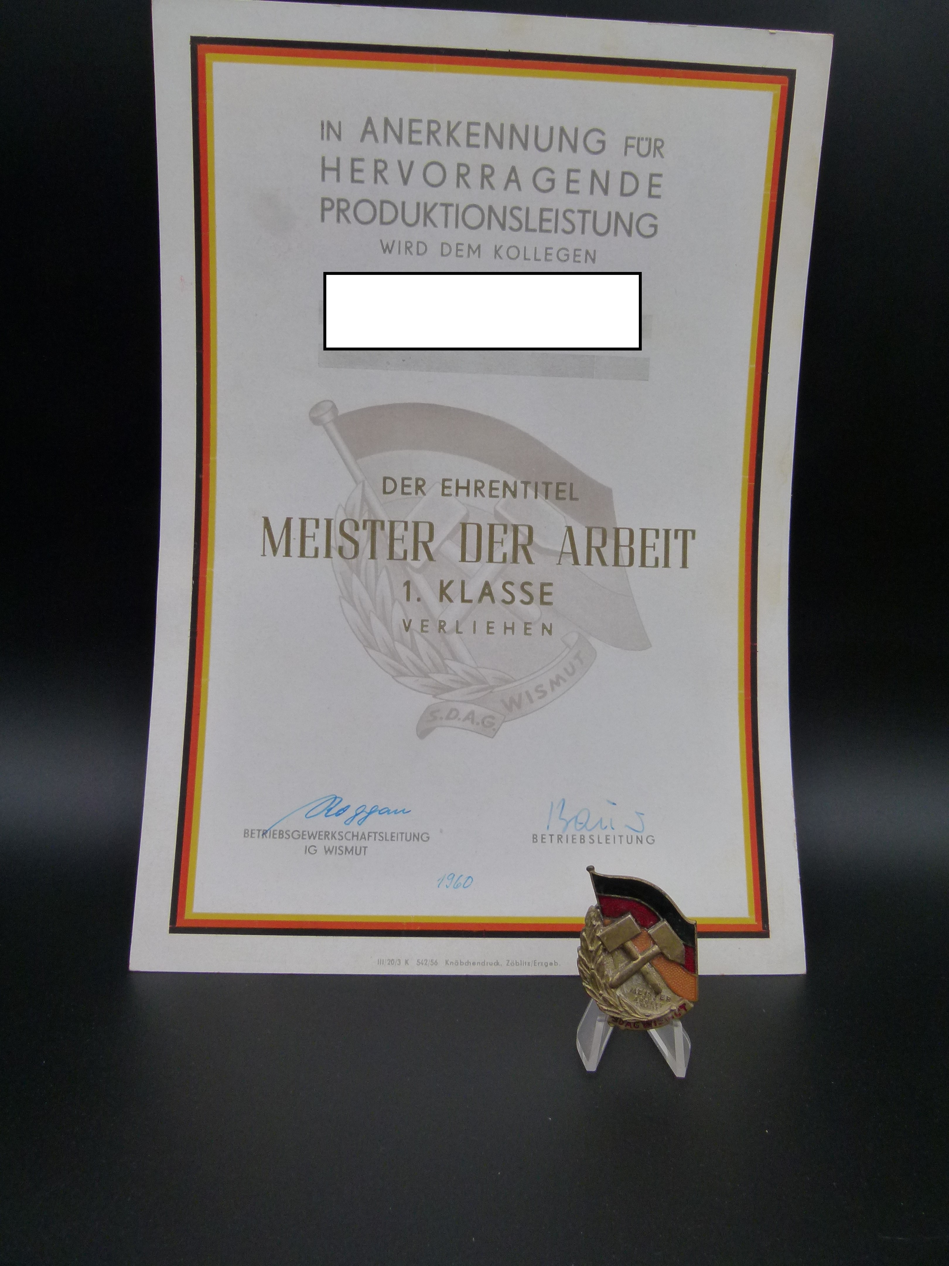 SDAG Wismut Meister der Arbeit mit Urkunde 1960   