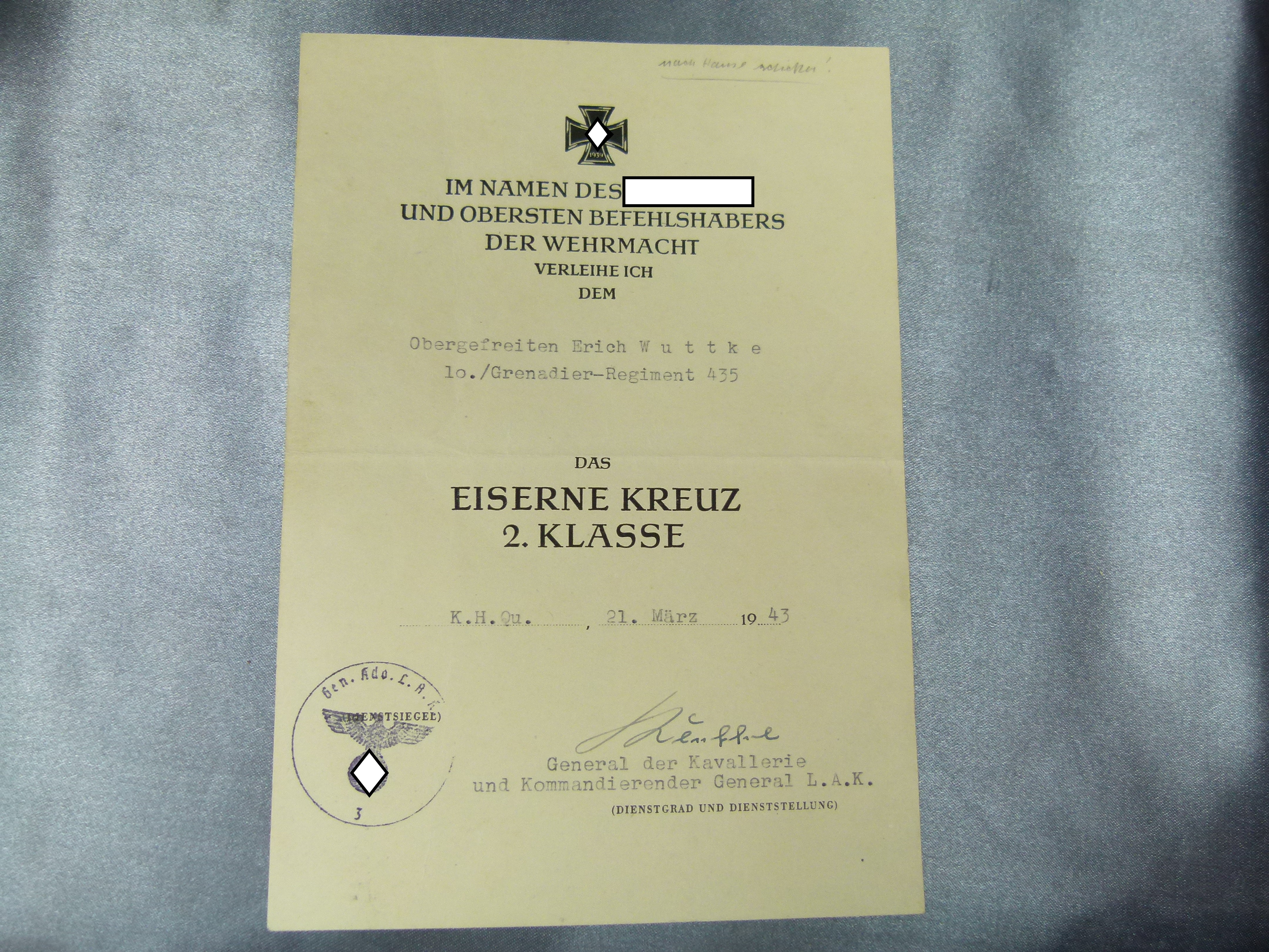 EK 2 Urkunde 1939 Gren. Reg. 435 OU General Philipp Kleffel 
