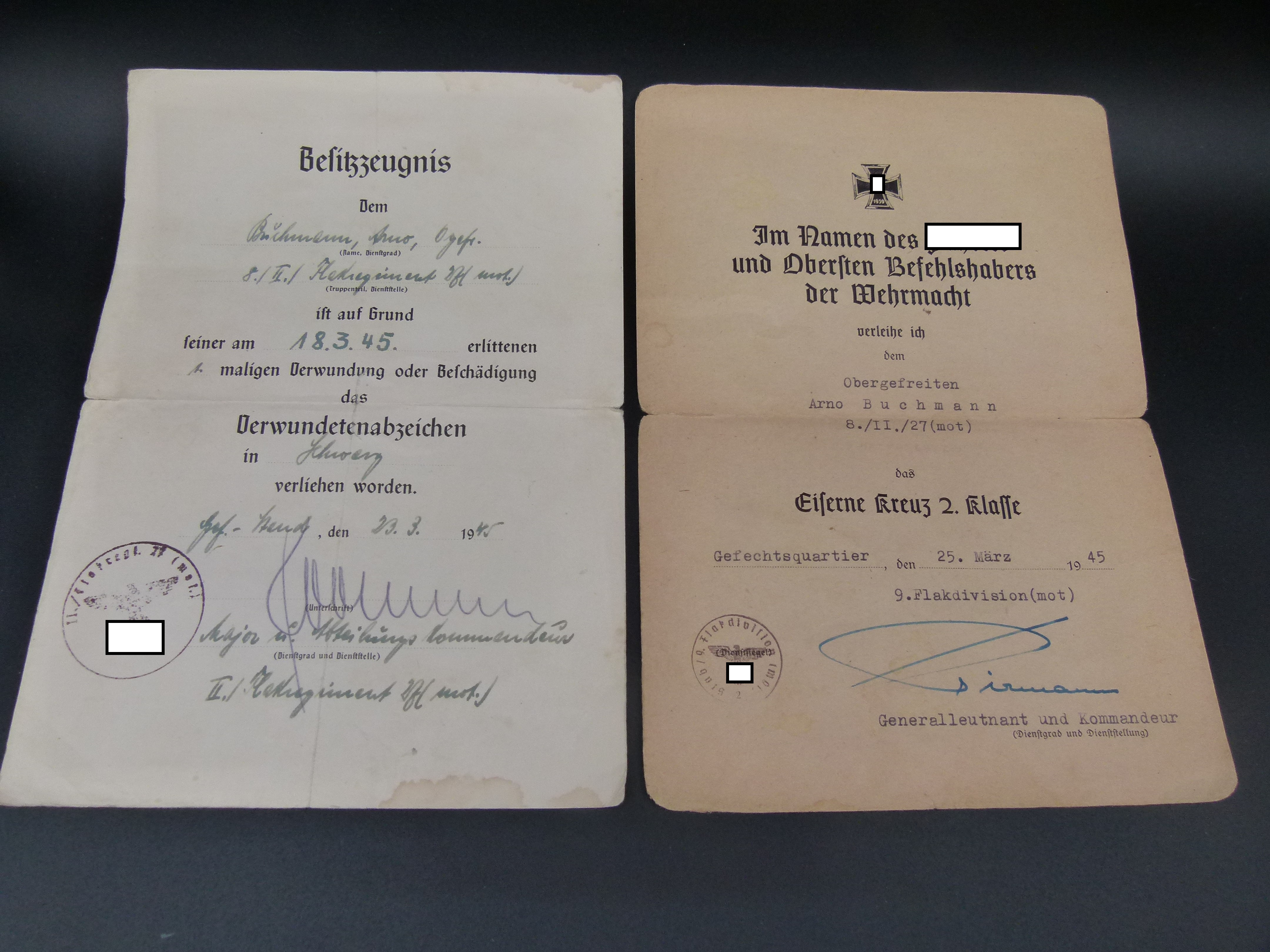 2 Urkunden Endkampf Maerz 1945 9 Flakdivision mot