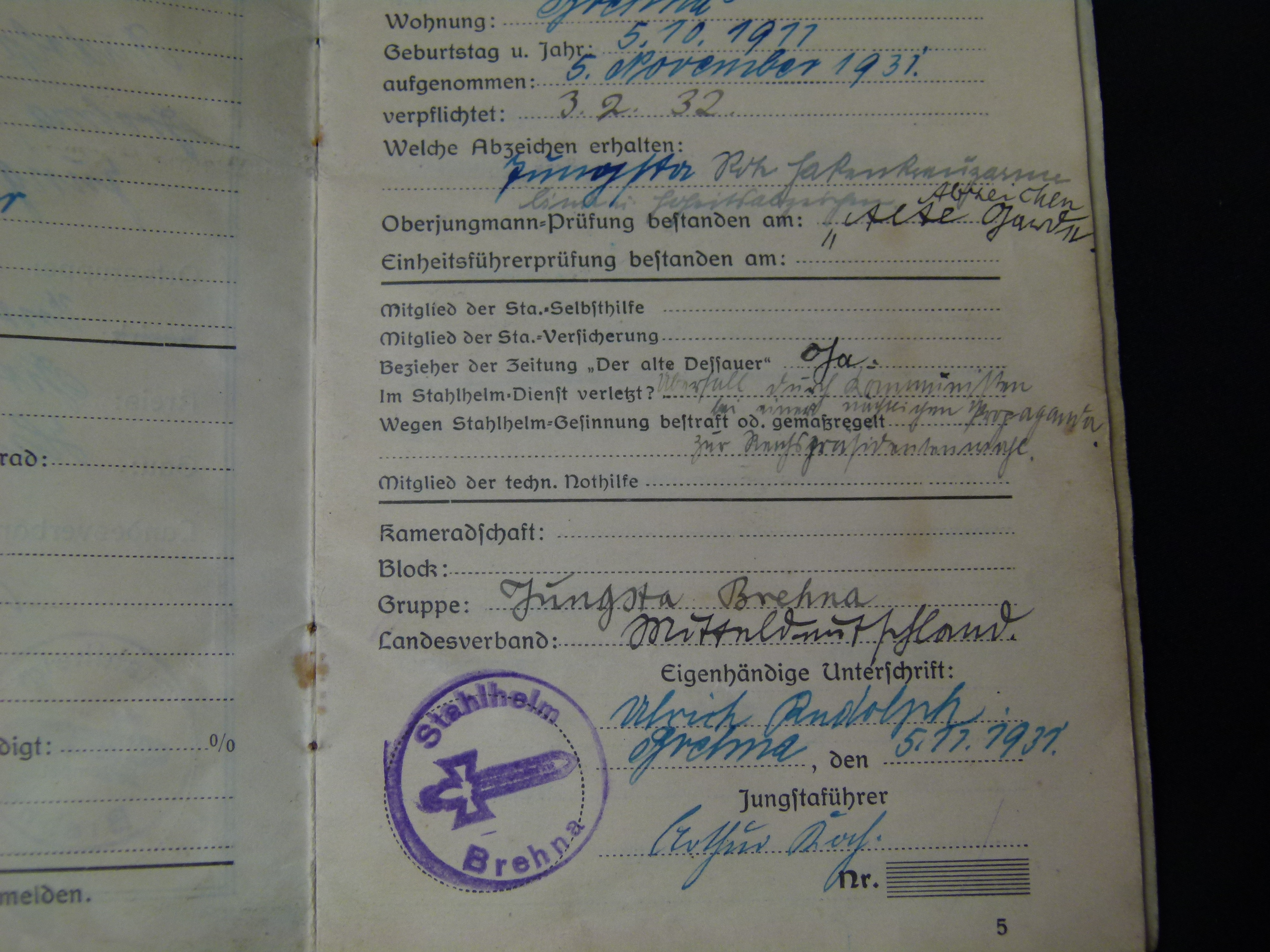 Mitgliedsbuch Stahlhelmbund Brehna rare Einträge 